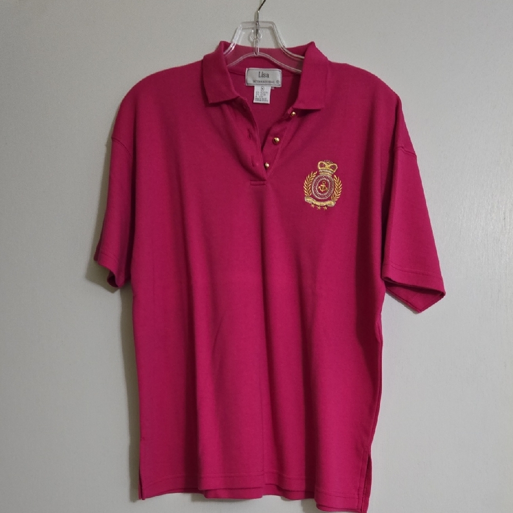 Lisa International Pink Short Sleeve Tee with Embroidered Crest